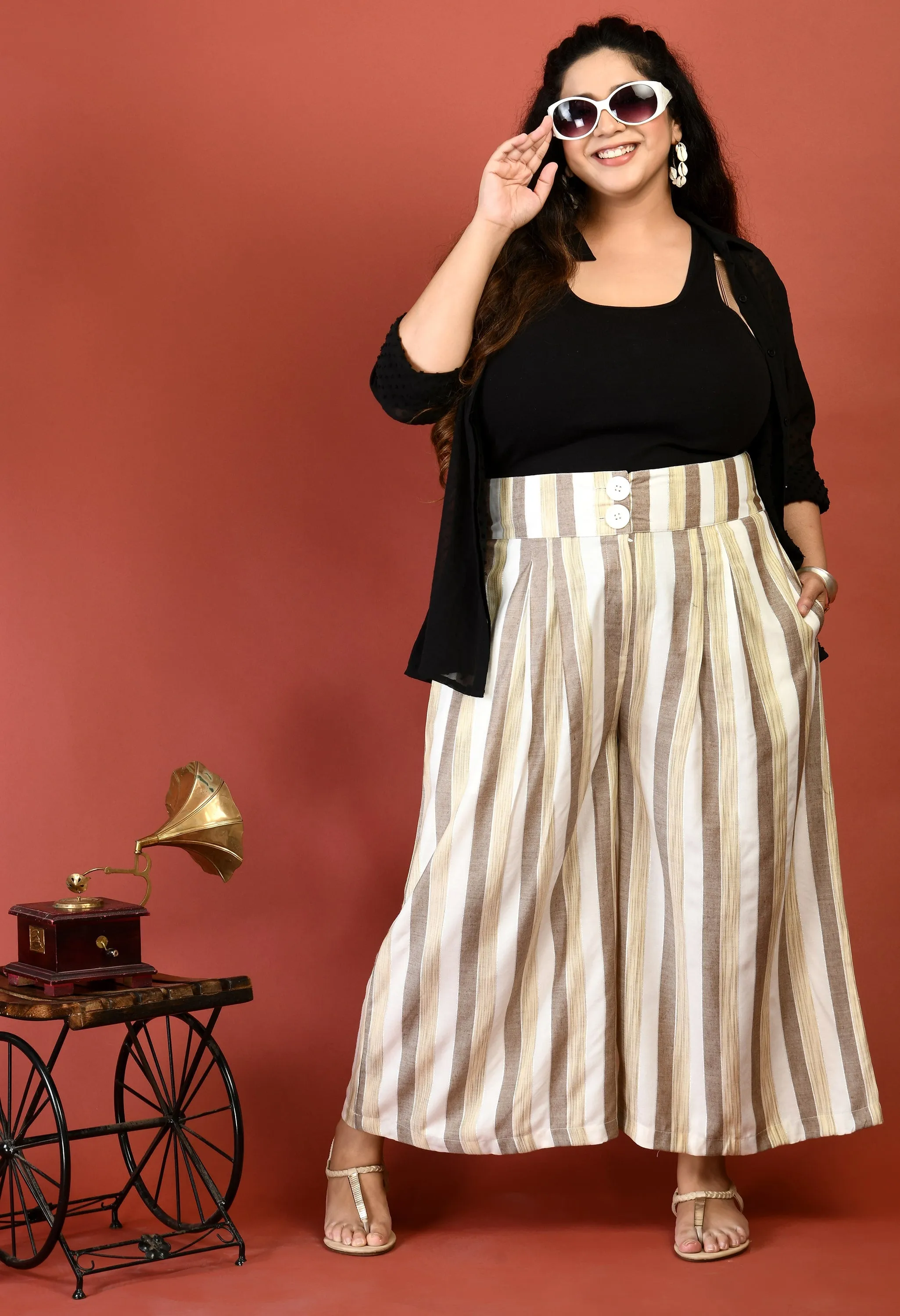 Plus Size Plus Size Striped White & Brown Culottes