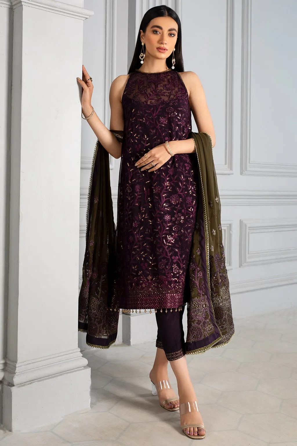 Purple Pakistani Dress with Delicate Embroidery #PF323