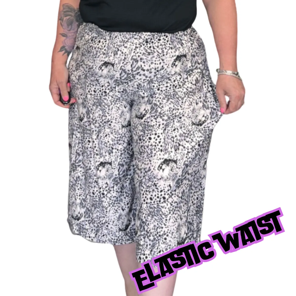 ROCKTHOSECURVES BLACK / WHITE LEOPARD PRINT ELASTIC WAIST CULOTTES / SHORTS