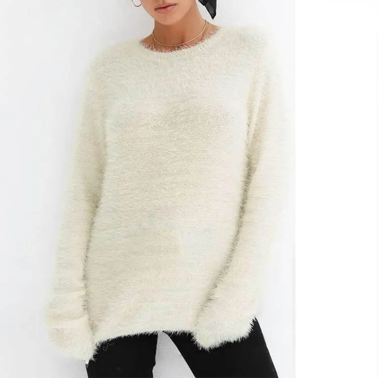 Round Collar Plush Pure Color Long Sleeve Sweater