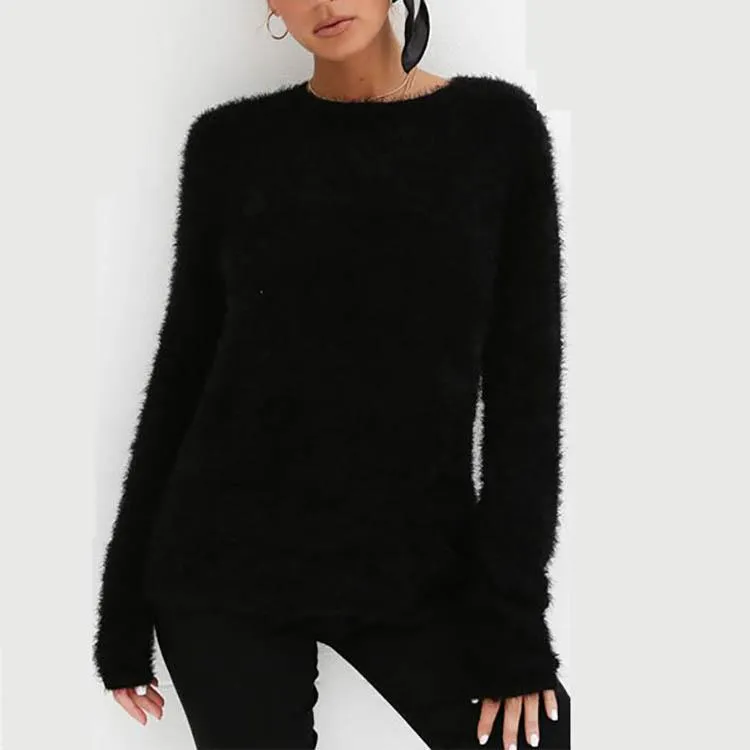 Round Collar Plush Pure Color Long Sleeve Sweater