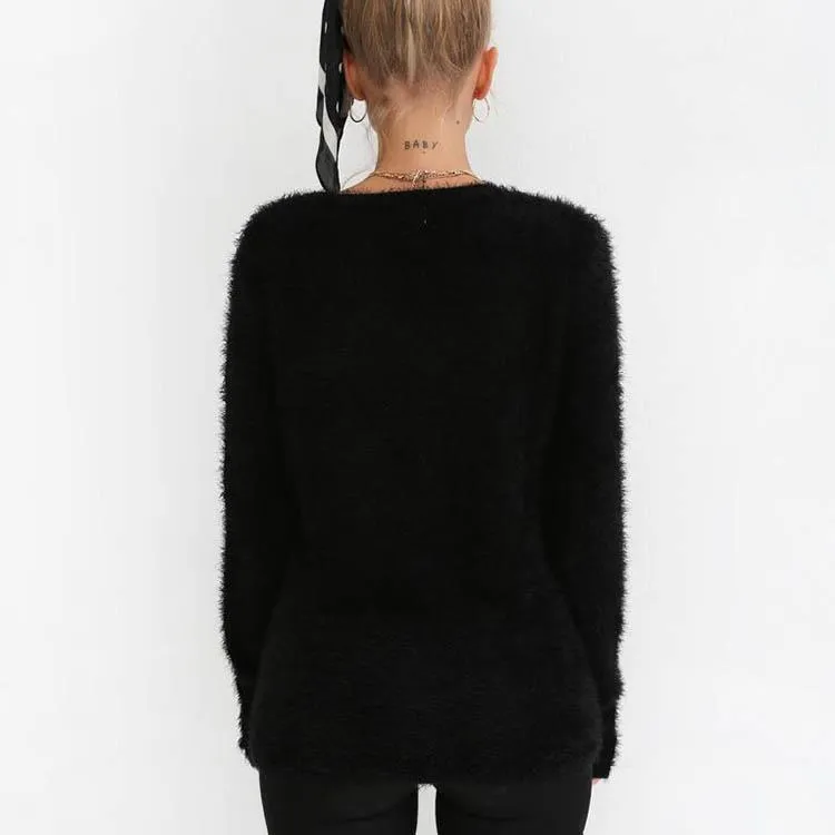 Round Collar Plush Pure Color Long Sleeve Sweater