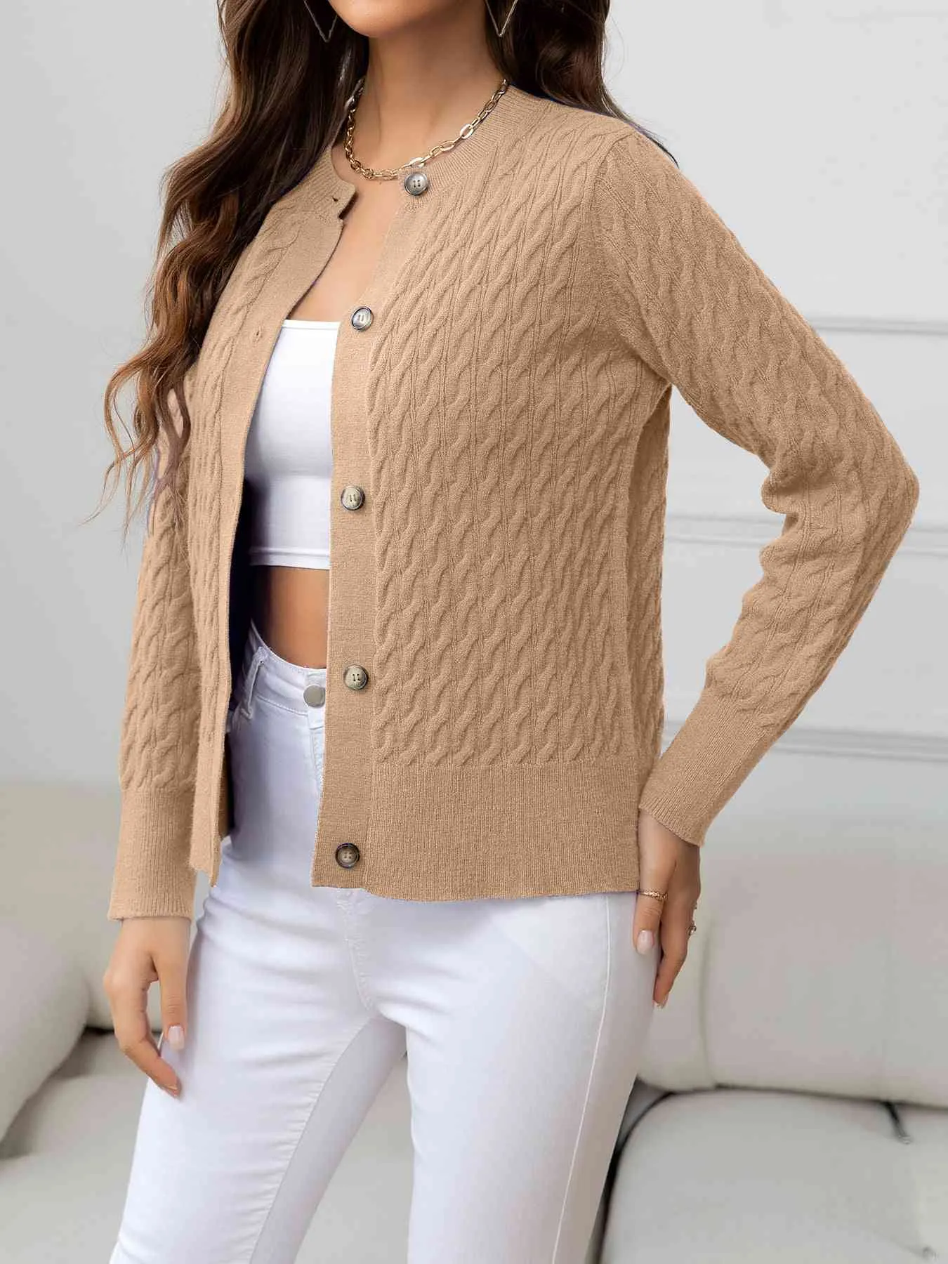 Round Neck Cable-Knit Buttoned Knit Top