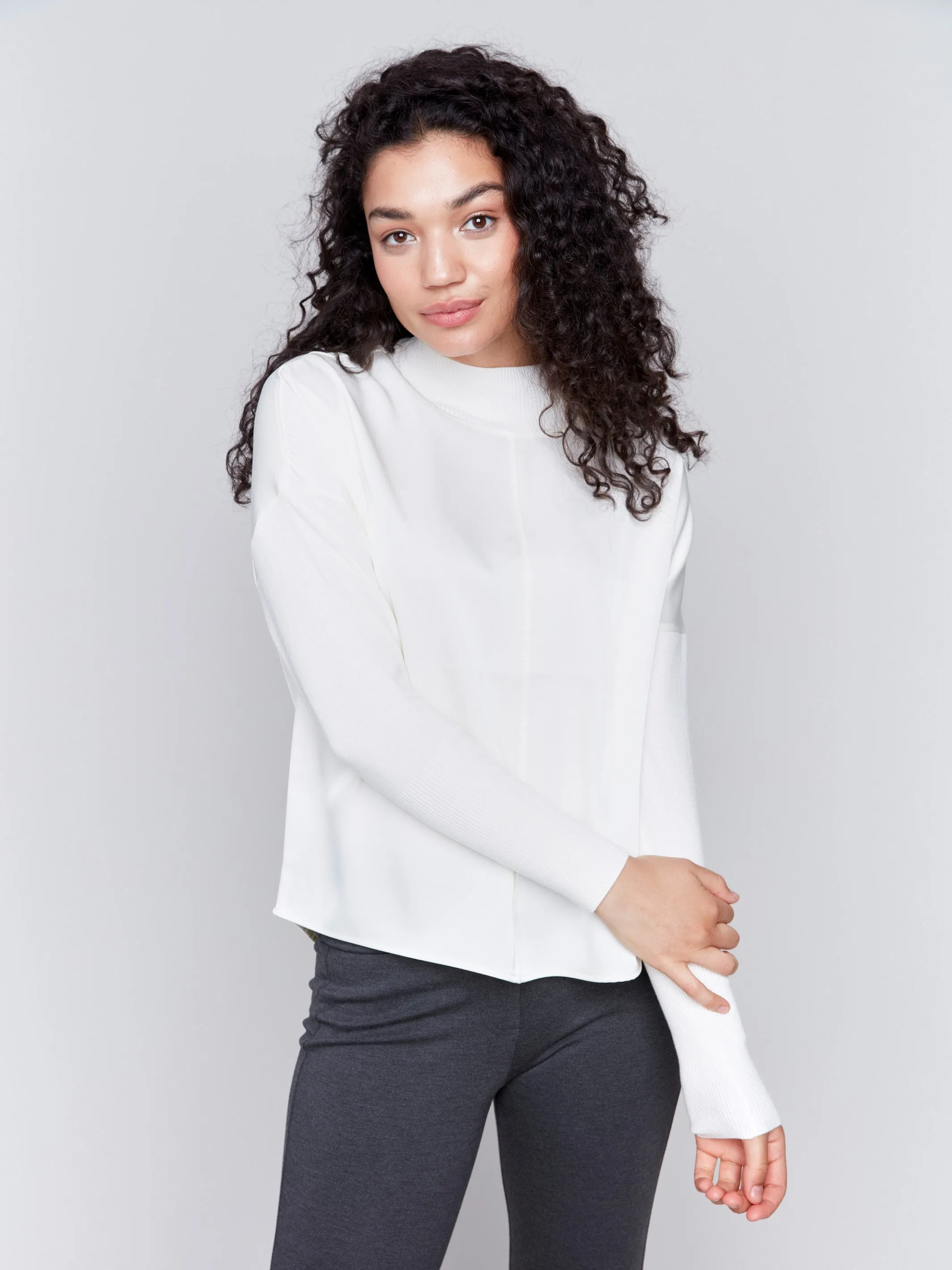 Satin Knit Top With Mock Neck - Ecru