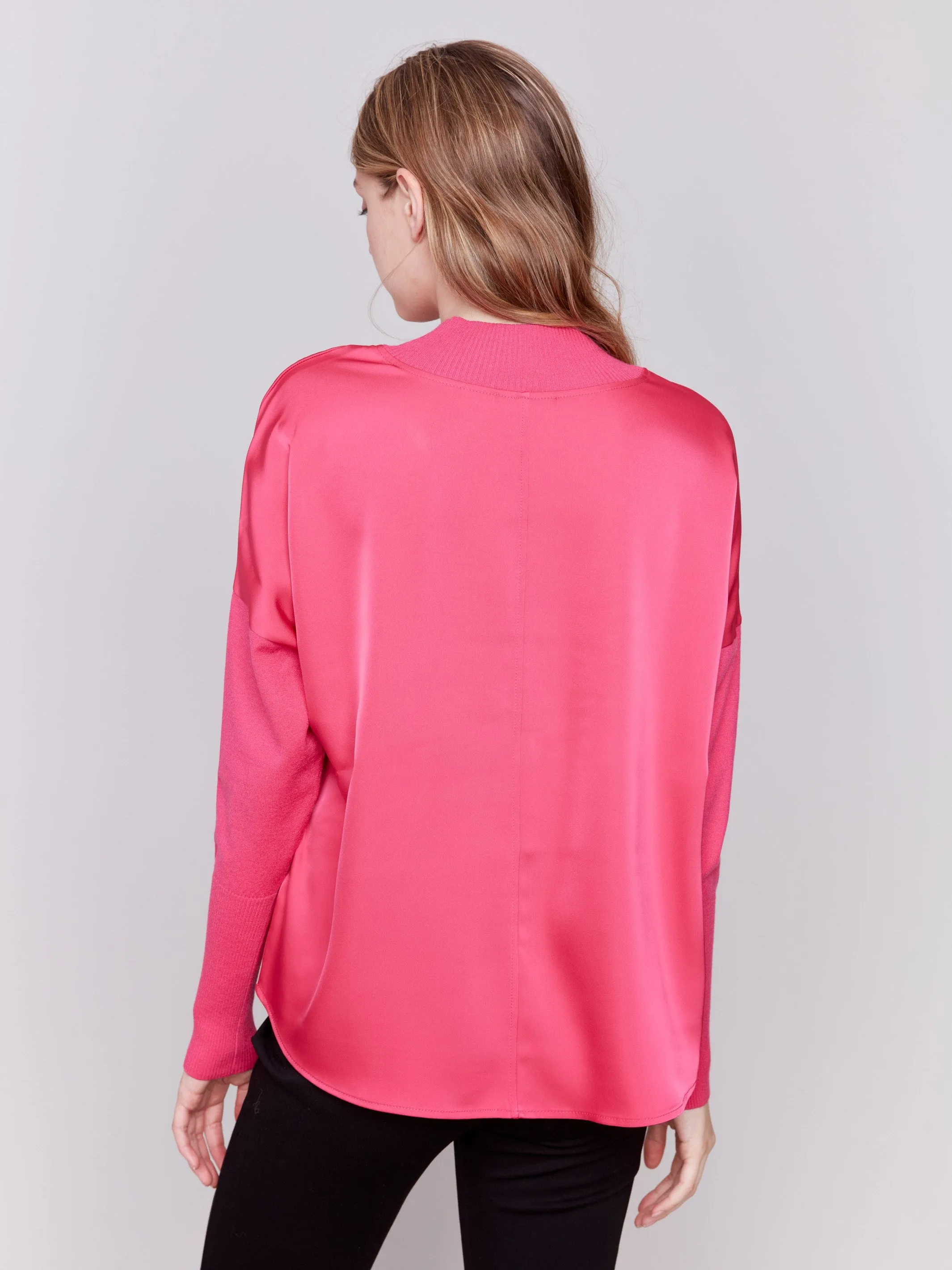 Satin Knit Top With Mock Neck - Magenta