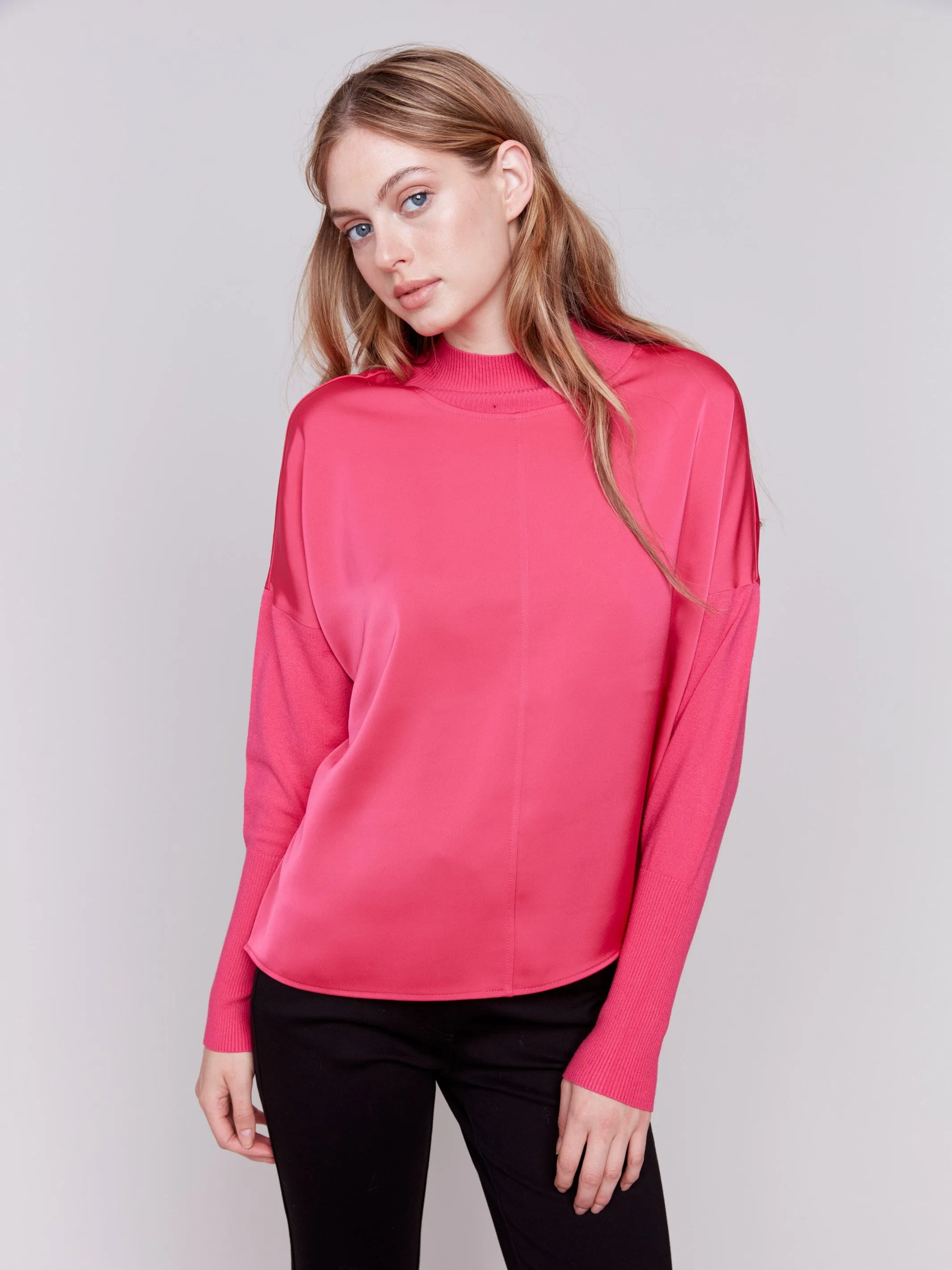 Satin Knit Top With Mock Neck - Magenta