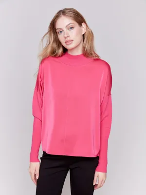 Satin Knit Top With Mock Neck - Magenta