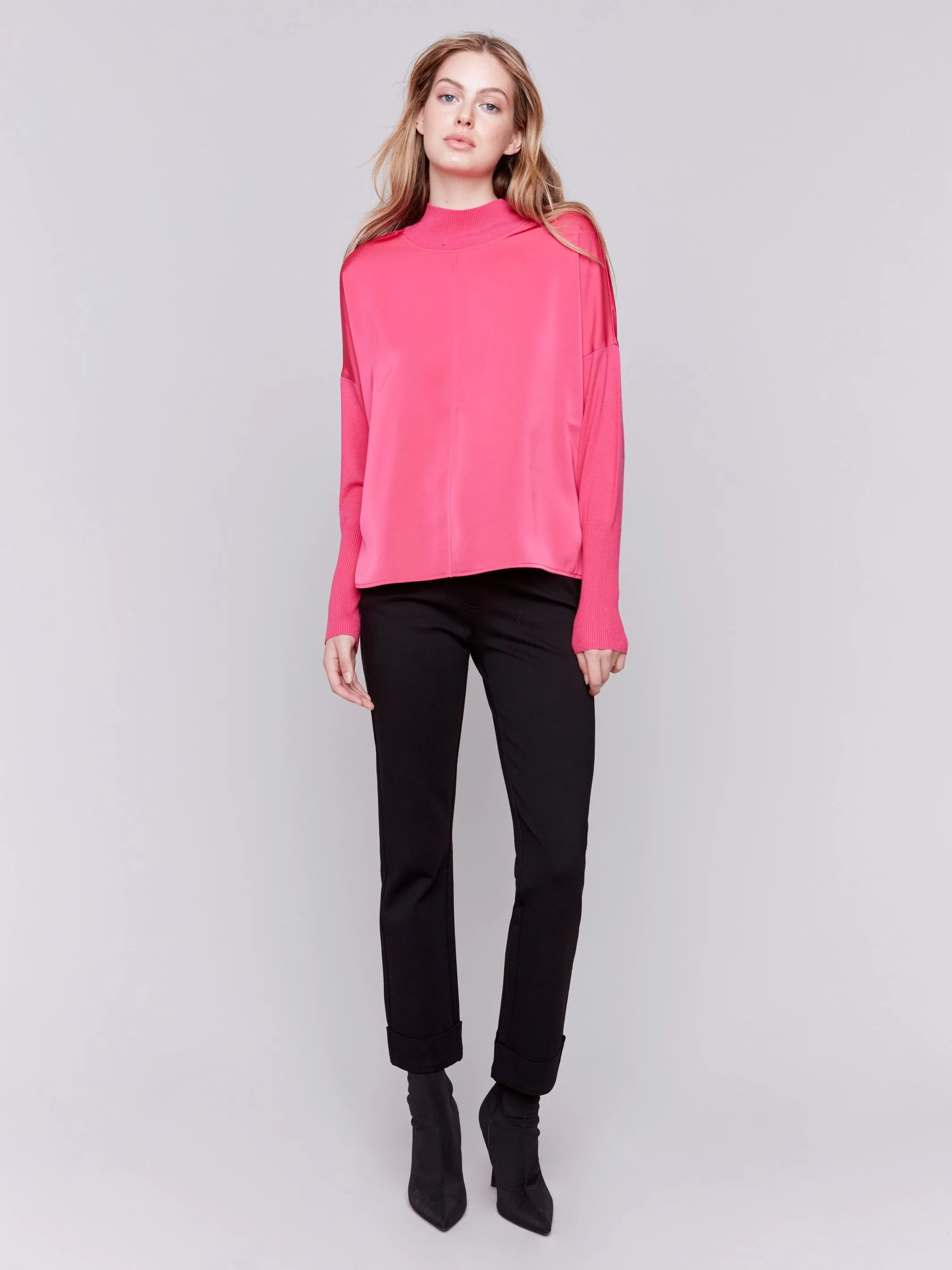 Satin Knit Top With Mock Neck - Magenta