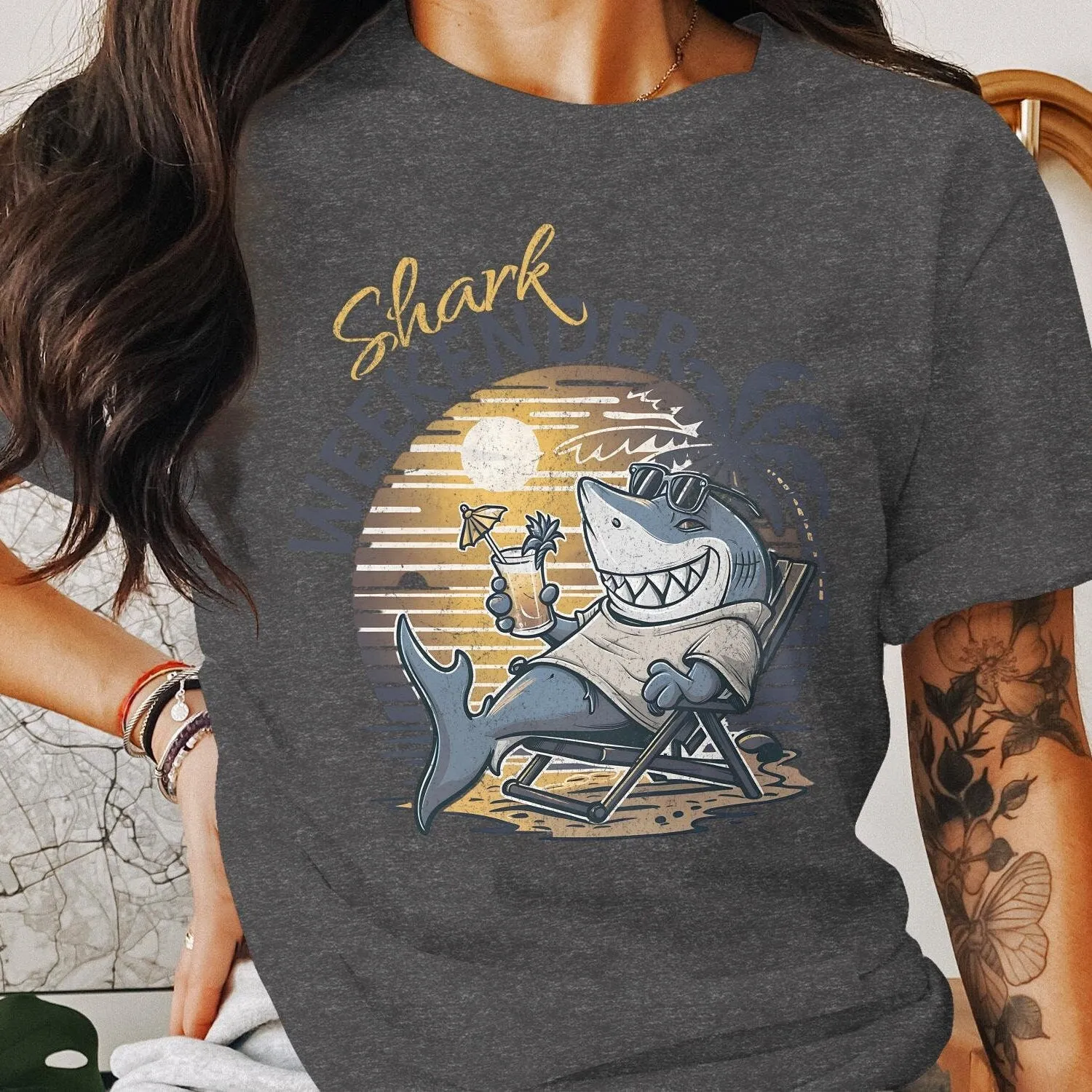 Shark Weekender Graphic Tee, Funny Cartoon Shark T-Shirt, Beach Vacation Theme, Relaxing Shark Illustration, Summer Vacation Wear