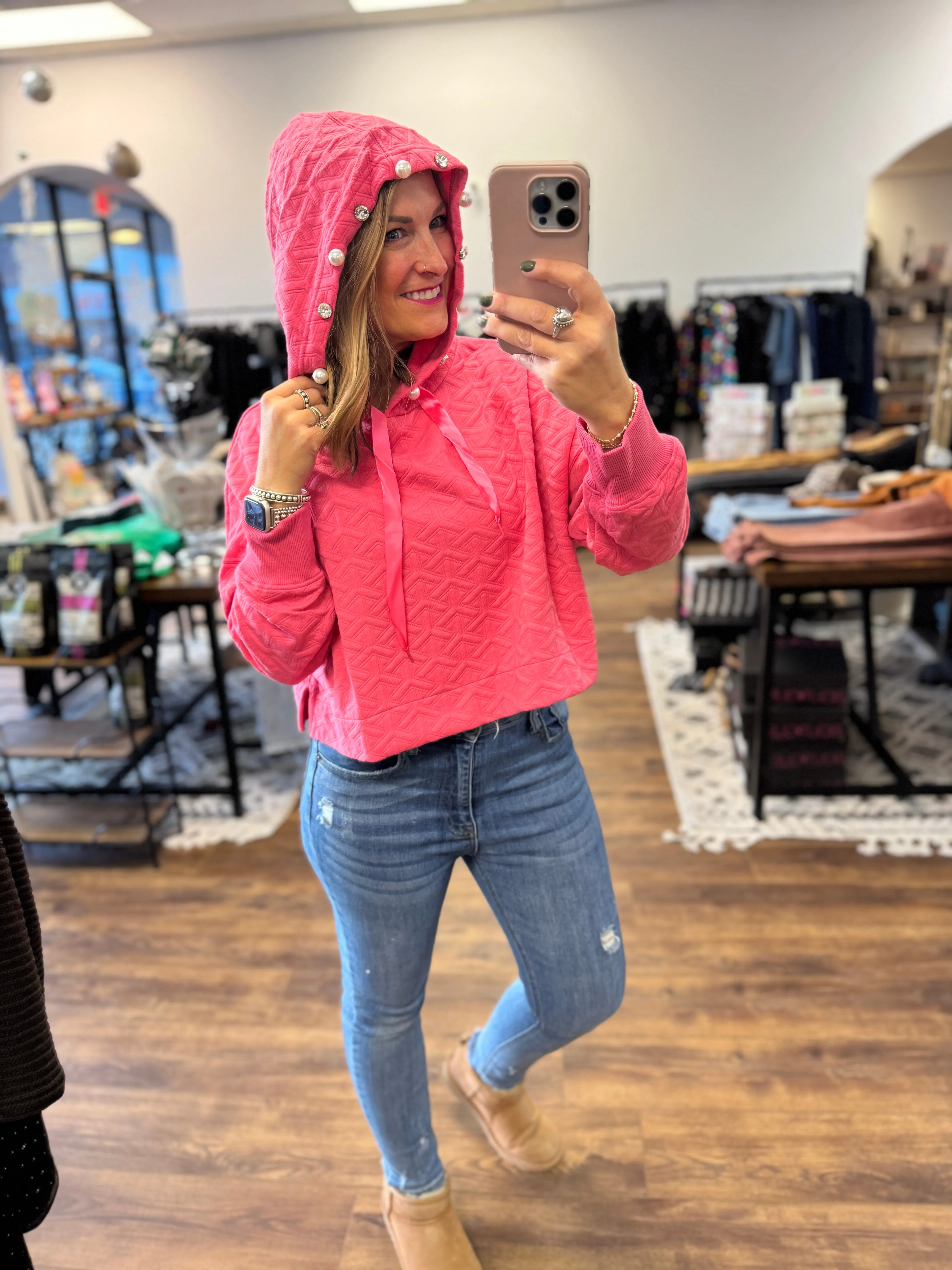 Simply Southern Quilted Crop Hoodie with Embellishments - Pink