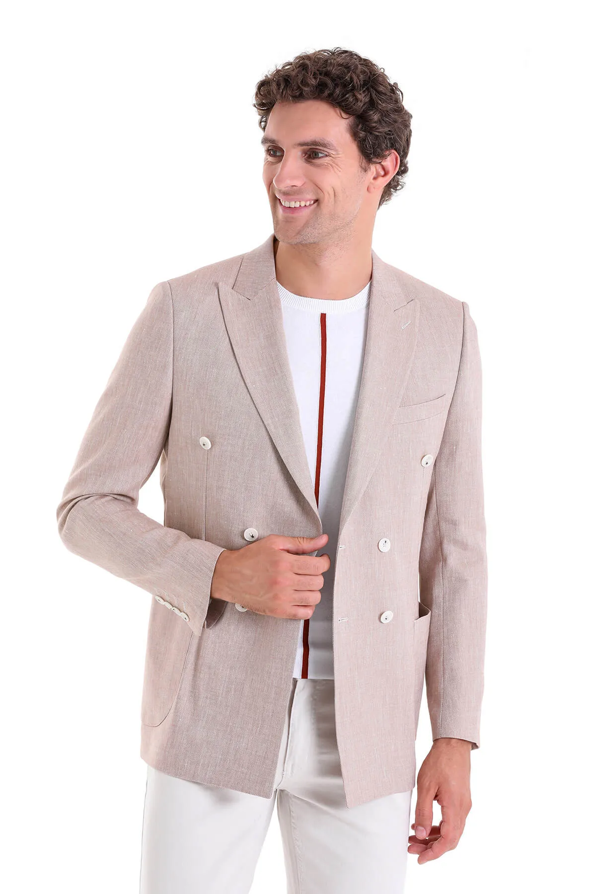 Slim Fit Double Breasted Brick Linen Casual Blazer