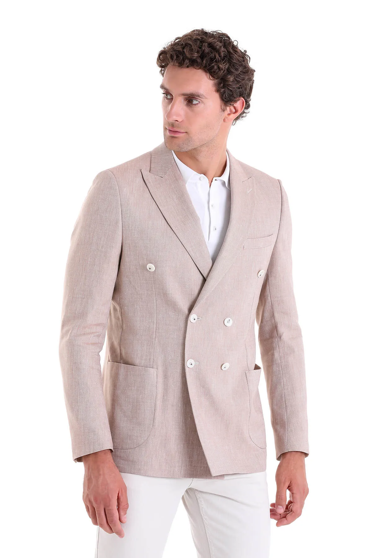 Slim Fit Double Breasted Brick Linen Casual Blazer