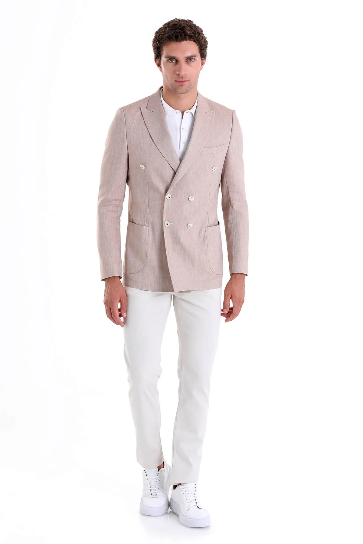 Slim Fit Double Breasted Brick Linen Casual Blazer