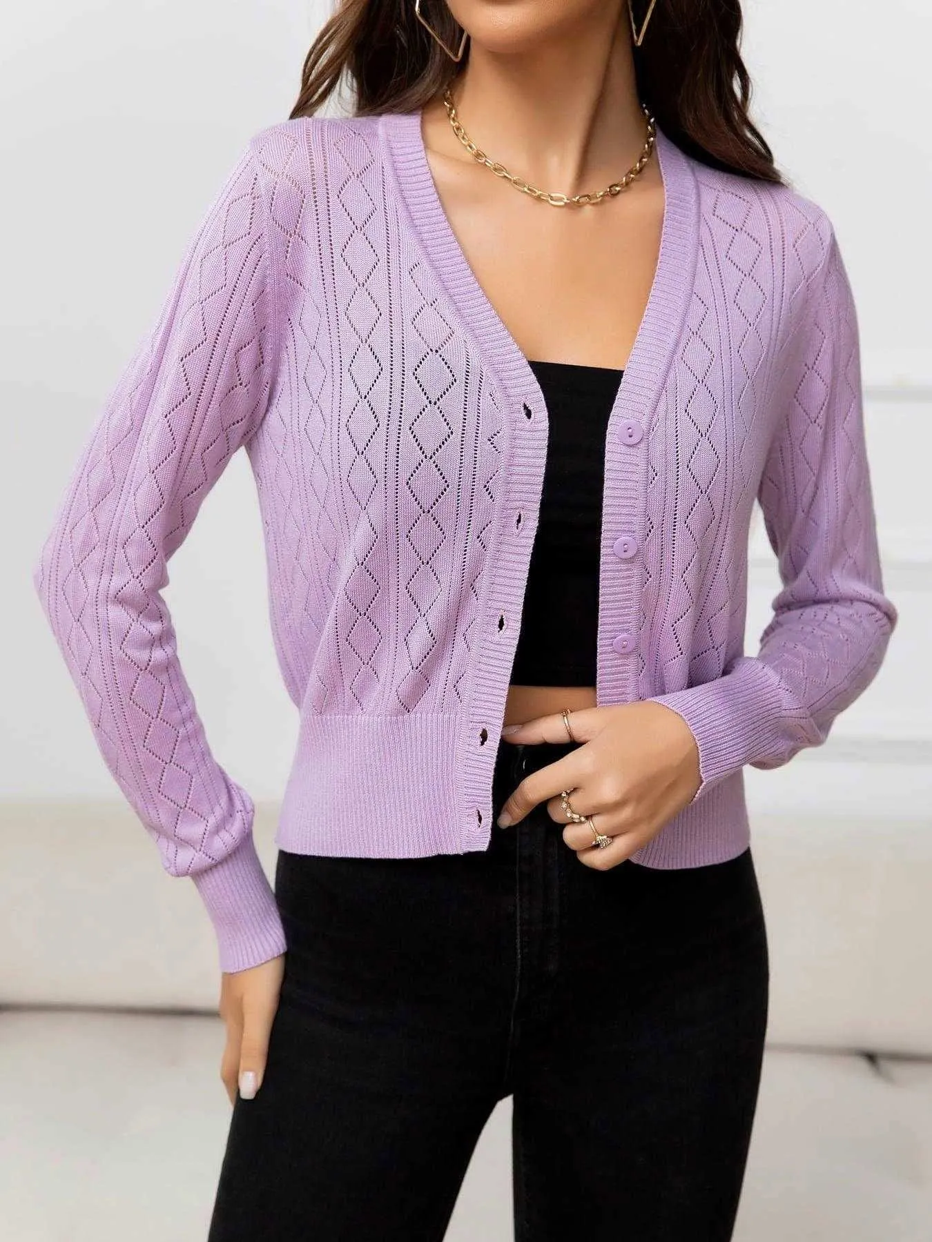 V-Neck Buttoned Long Sleeve Knit Top for Casual Style