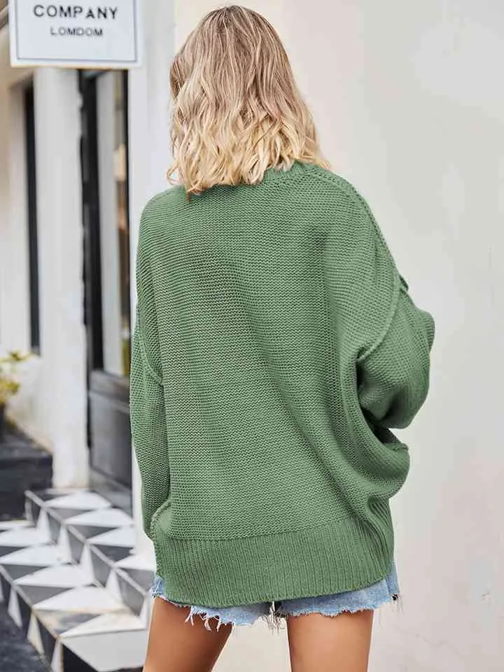 V-Neck Ribbed Dropped Shoulder Knit Top