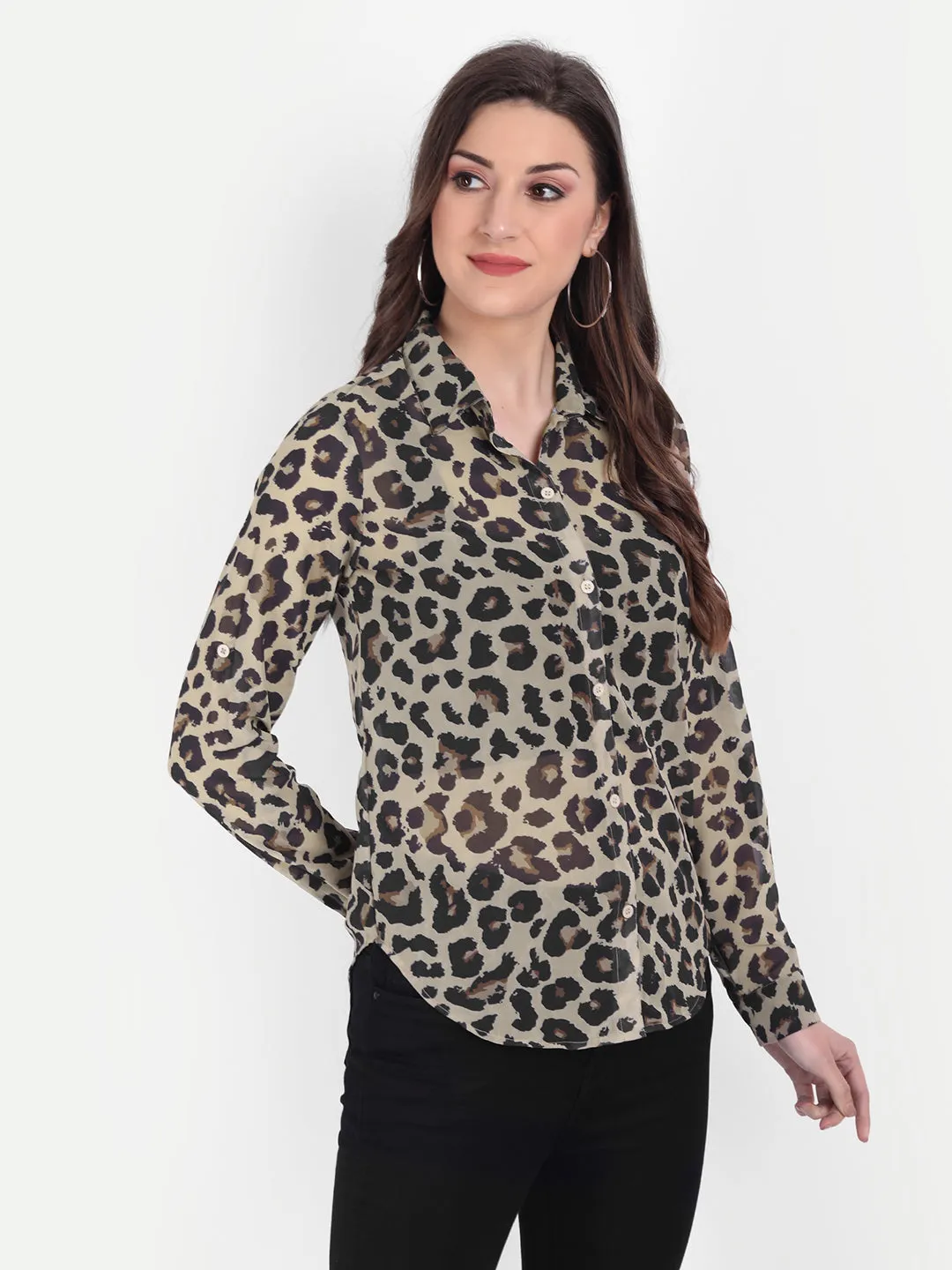 Women Brown & Black Animal Printed Semi Sheer Casual Shirt