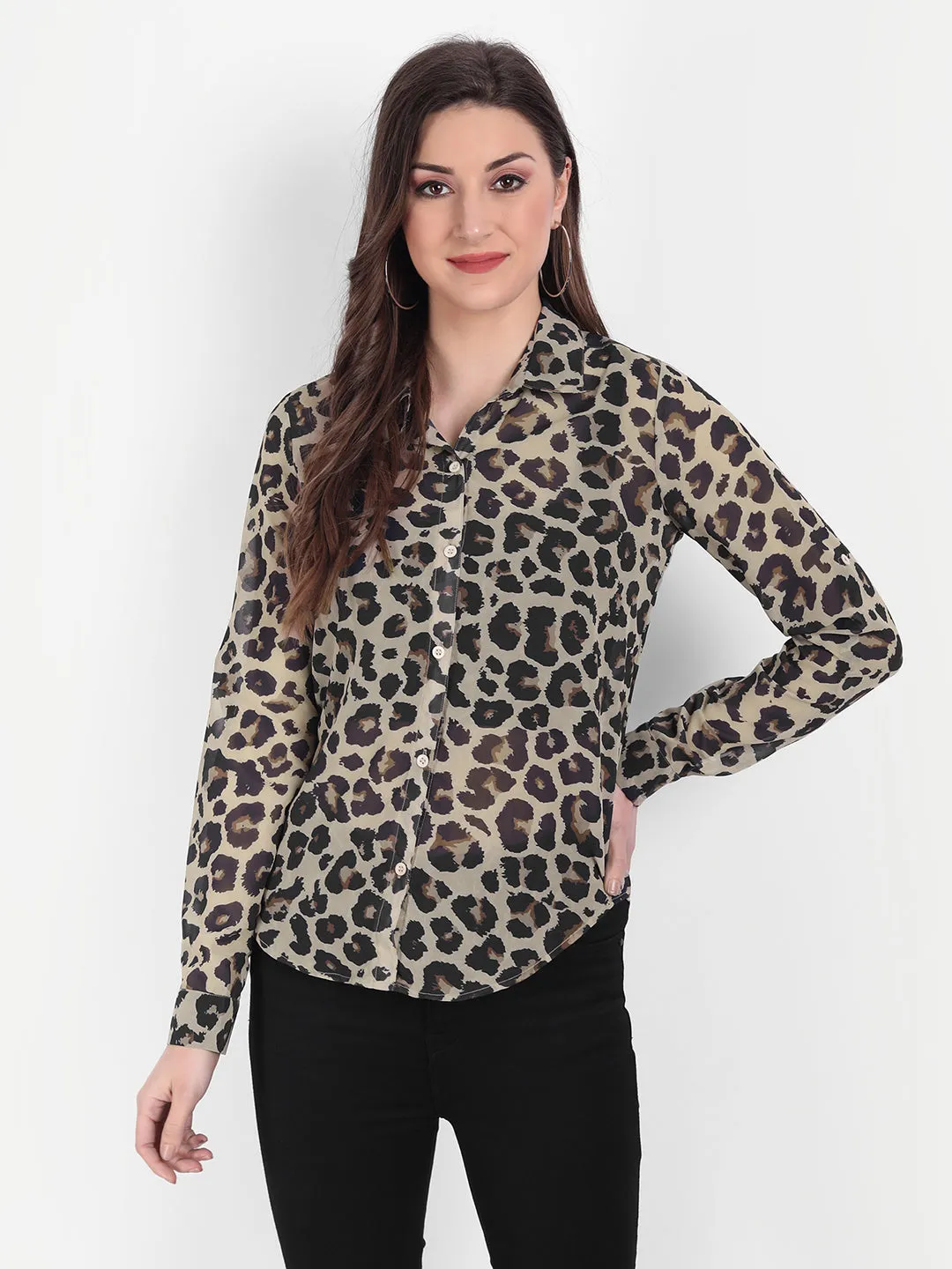 Women Brown & Black Animal Printed Semi Sheer Casual Shirt