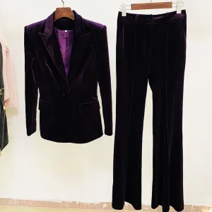 Women Velvet Dark Purple Blazer   Flare Trousers Suit