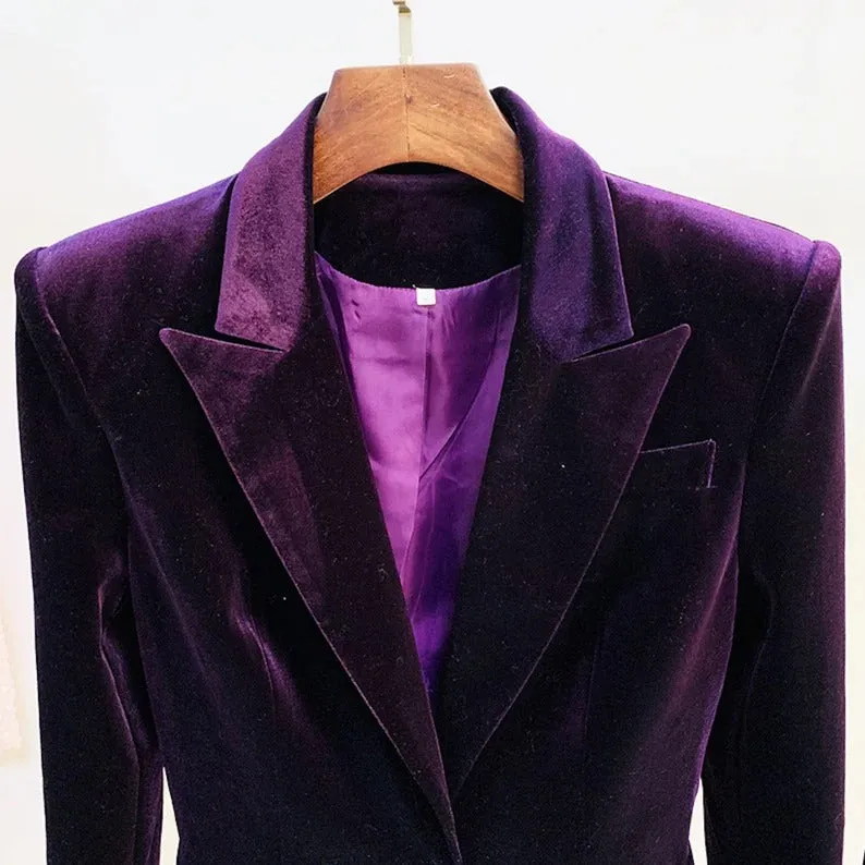 Women Velvet Dark Purple Blazer   Flare Trousers Suit