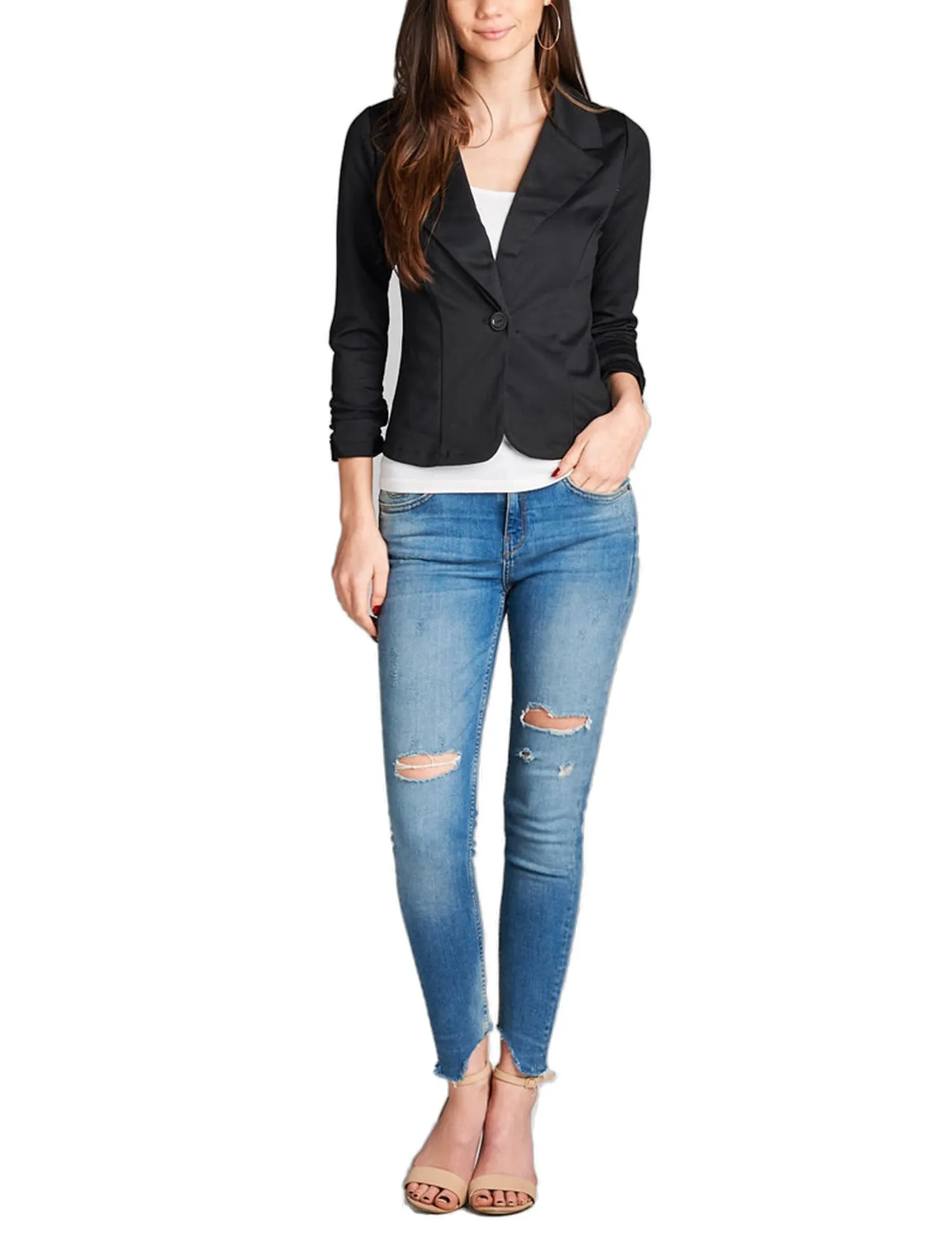 Womens Classic 3/4 Shirring Sleeve Solid Color Casual Blazer