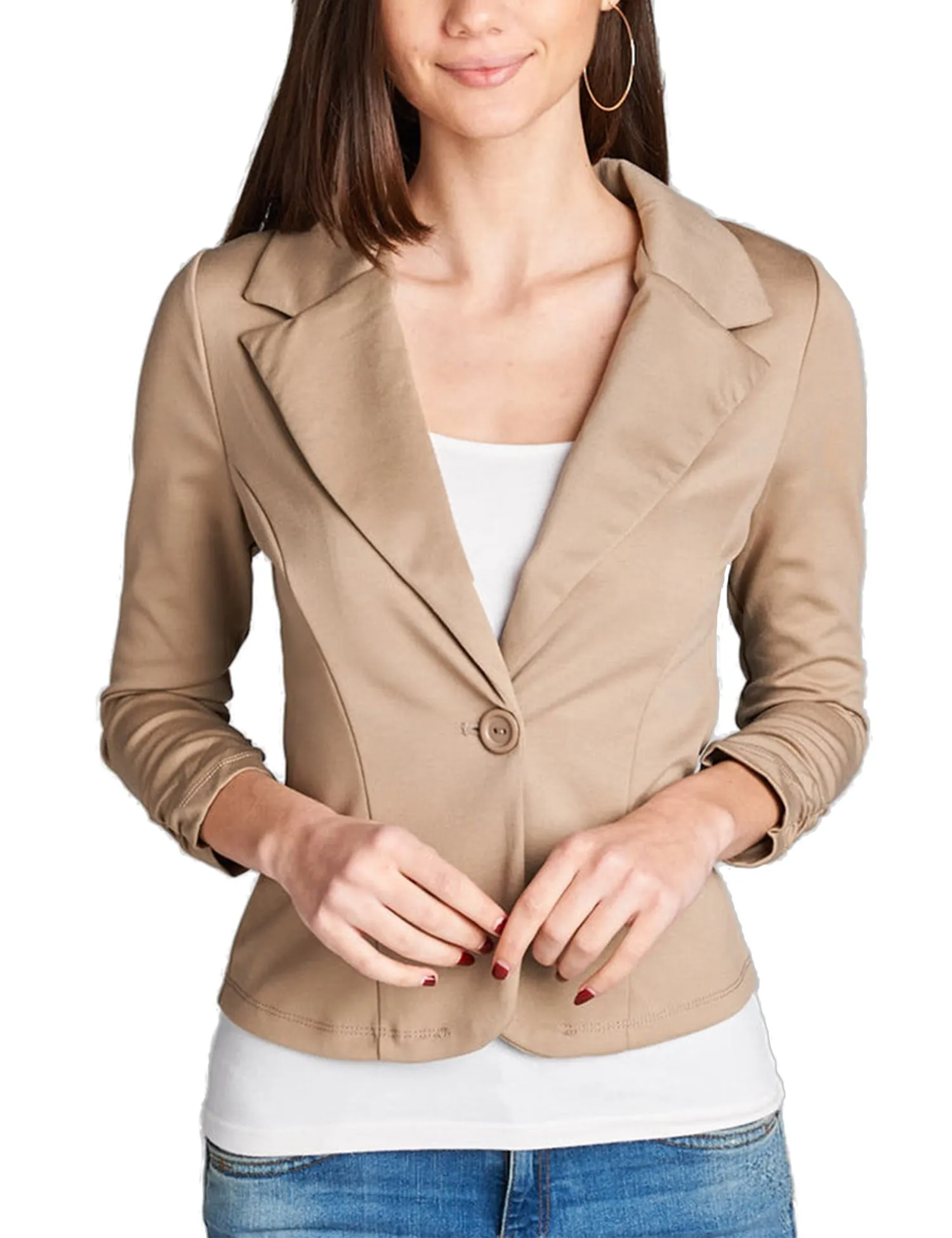 Womens Classic 3/4 Shirring Sleeve Solid Color Casual Blazer