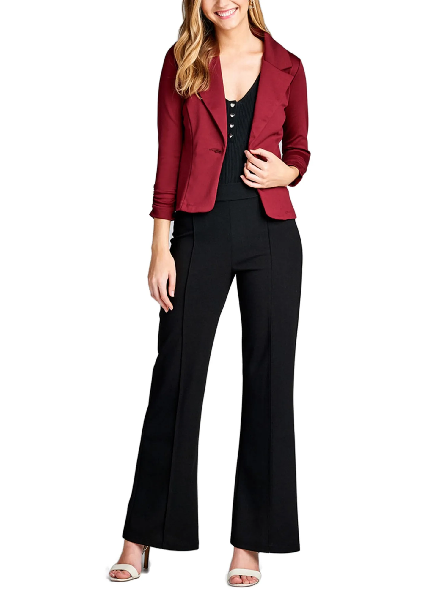 Womens Classic 3/4 Shirring Sleeve Solid Color Casual Blazer