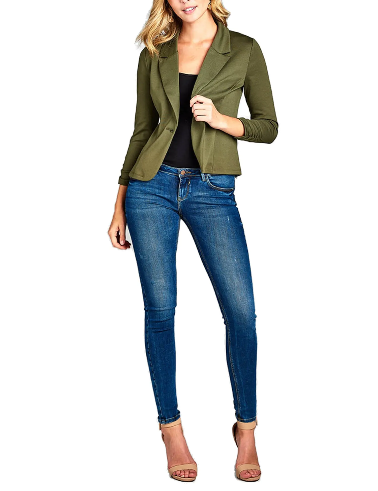 Womens Classic 3/4 Shirring Sleeve Solid Color Casual Blazer