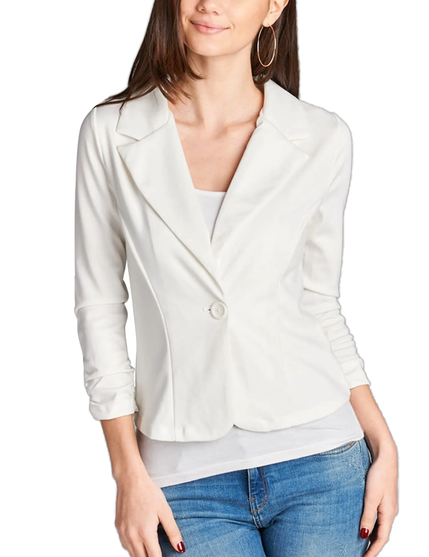 Womens Classic 3/4 Shirring Sleeve Solid Color Casual Blazer