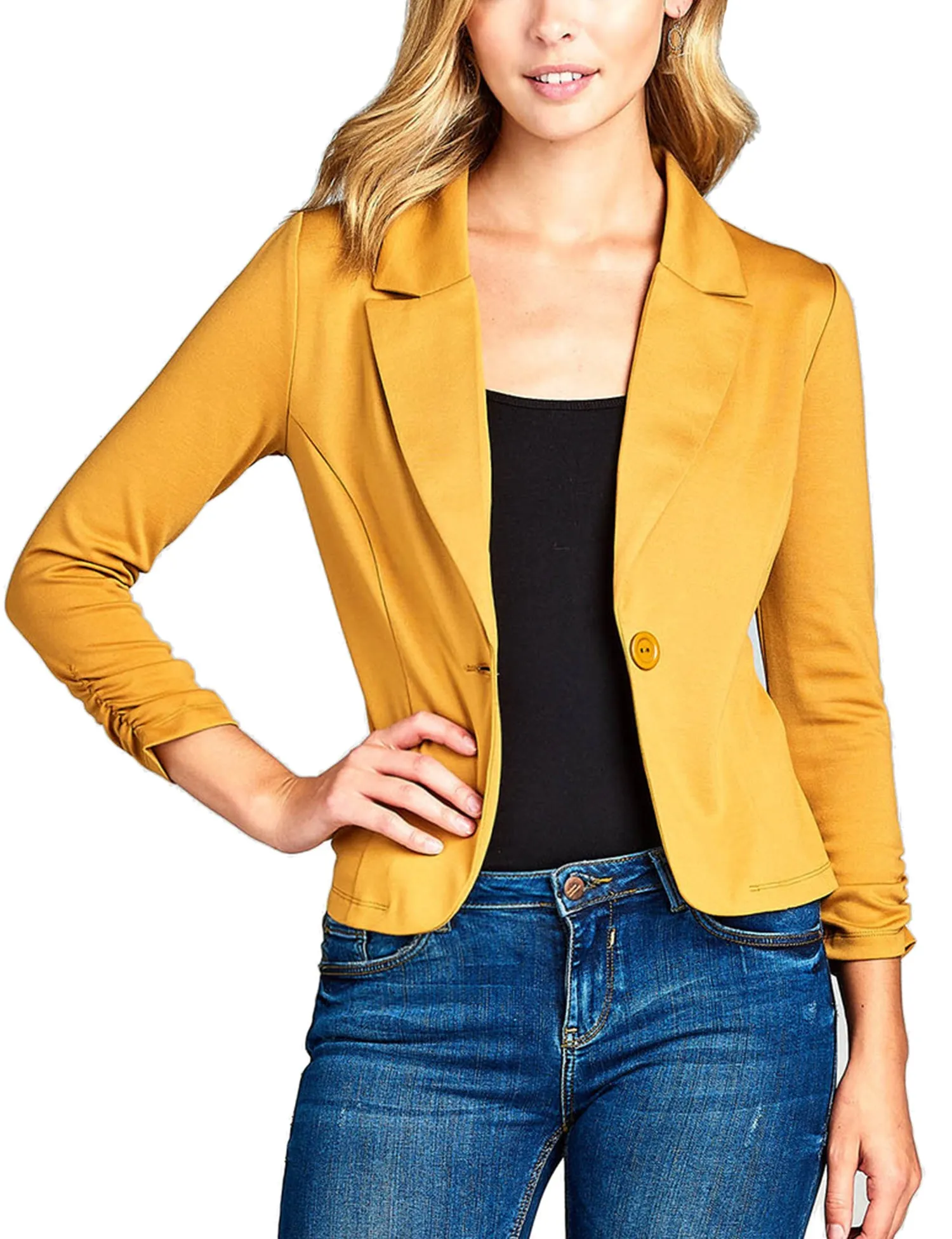 Womens Classic 3/4 Shirring Sleeve Solid Color Casual Blazer