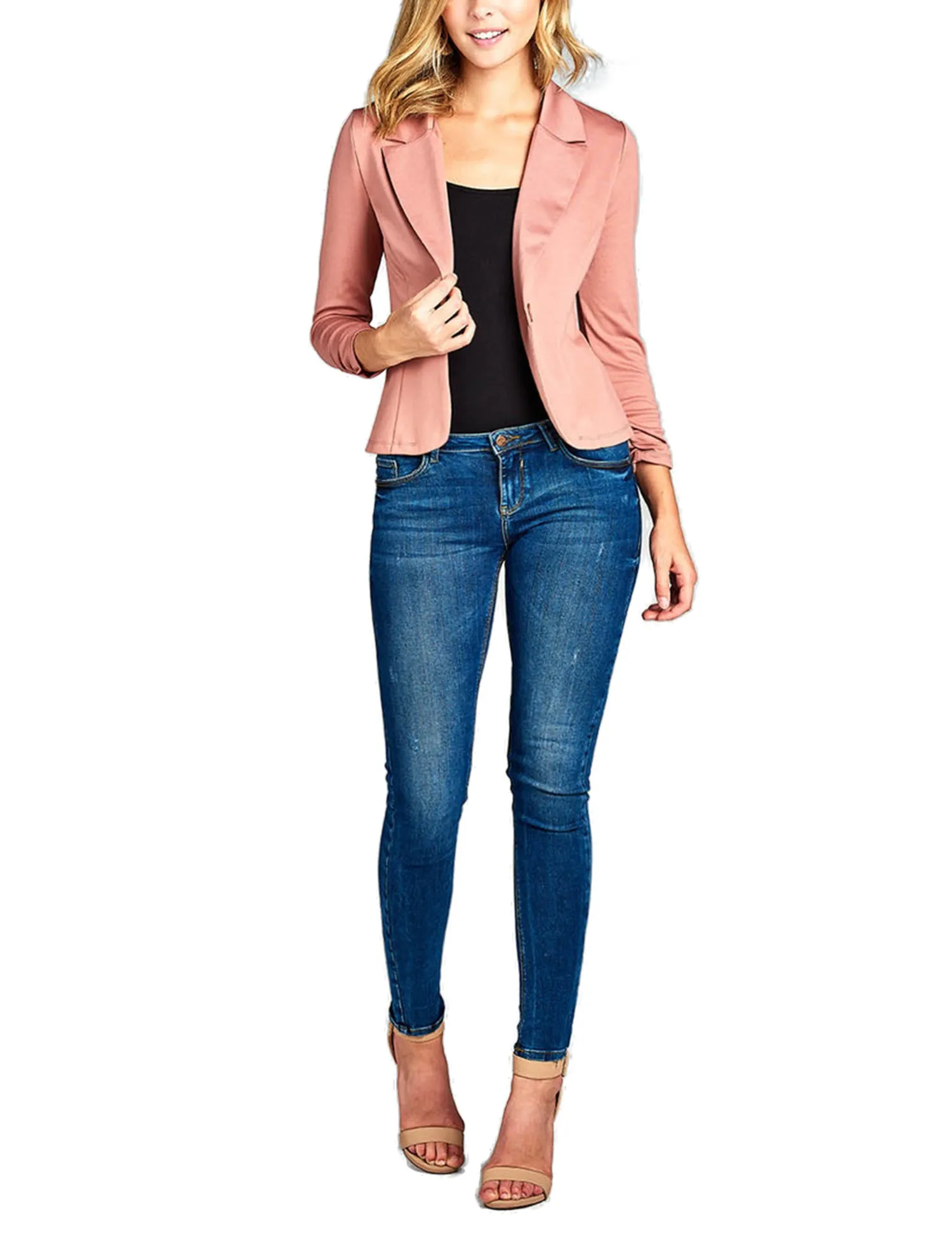 Womens Classic 3/4 Shirring Sleeve Solid Color Casual Blazer